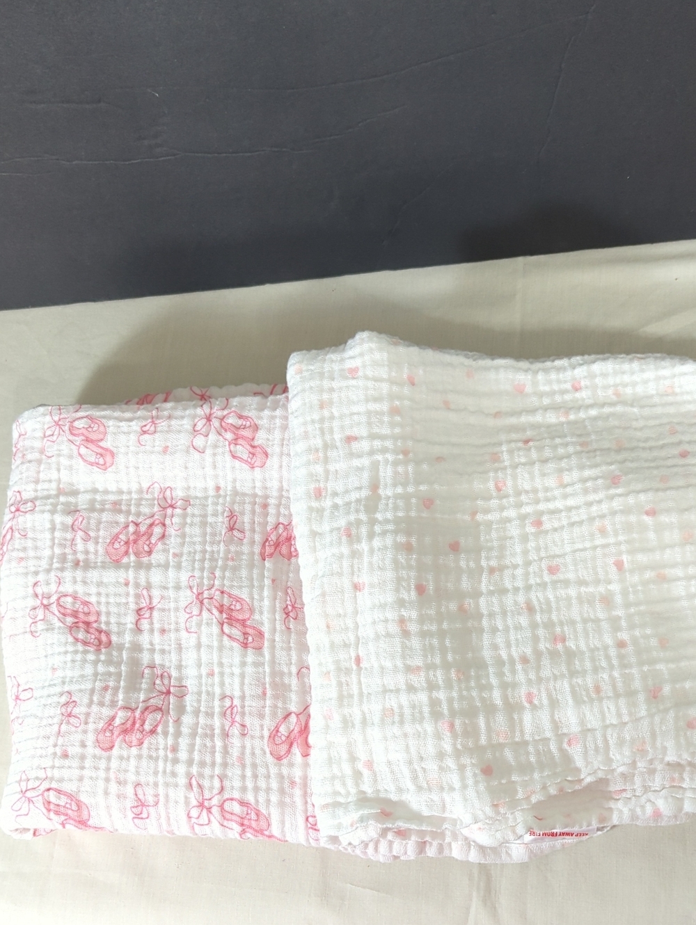 Little Me White Muslin Swaddle Blanket Pink Ballet Slippers & Pink Hearts Set/2